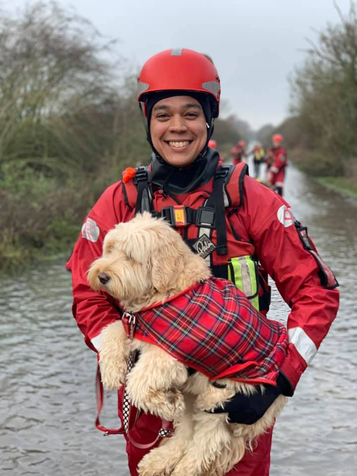 Rescue person holding a dog