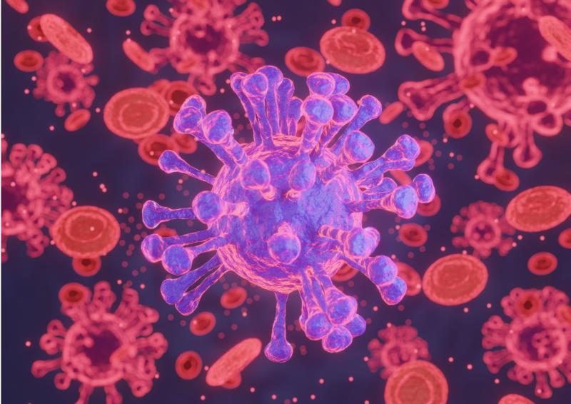 A colourful microscopic image of a virus