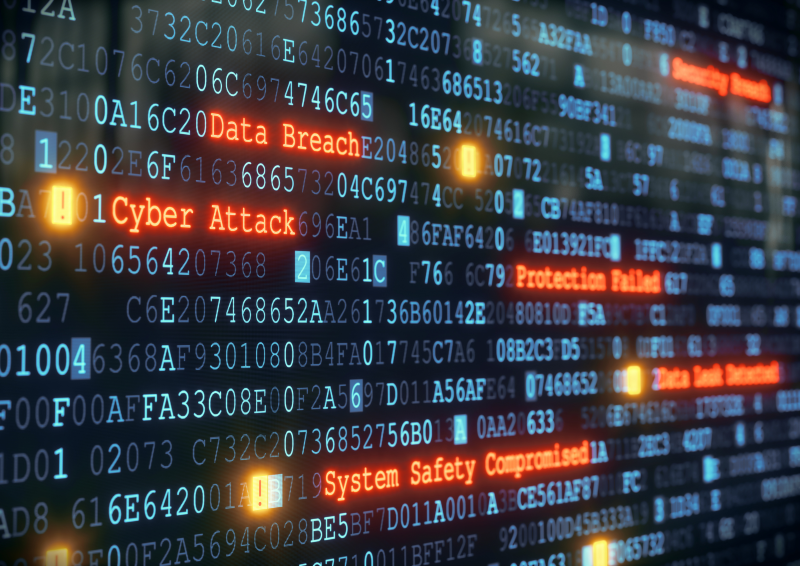 An alert message on a digital screen warns of various cyber threats 